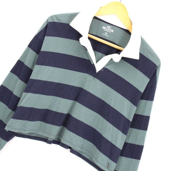 Hollister Polo Shirt Women's Casual Multicolor Striped Long Sleeve Cropped SZ M - Picture 2 of 7